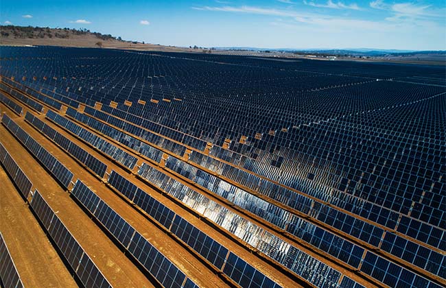 An aerial view of UQ's Warwick Solar Farm while under construction in 2019