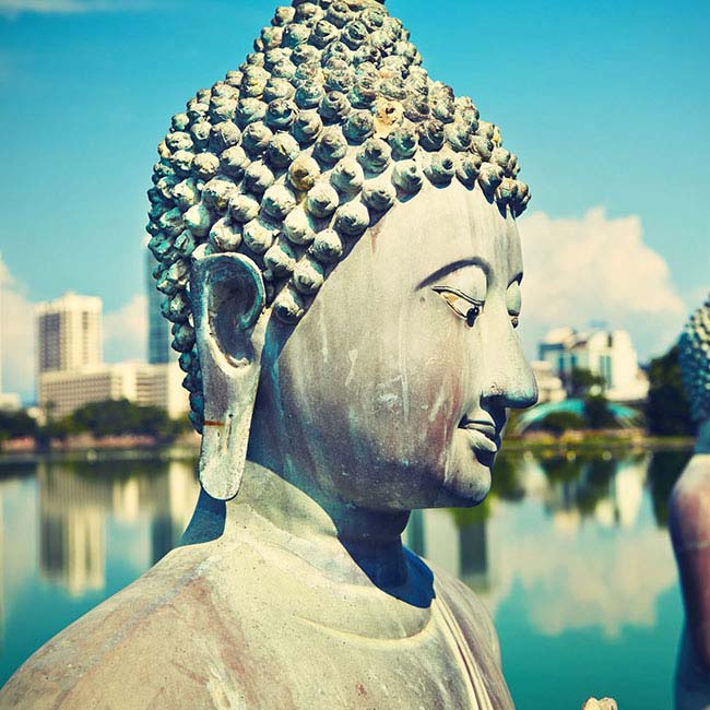 Ancient sculpture with modern city in background