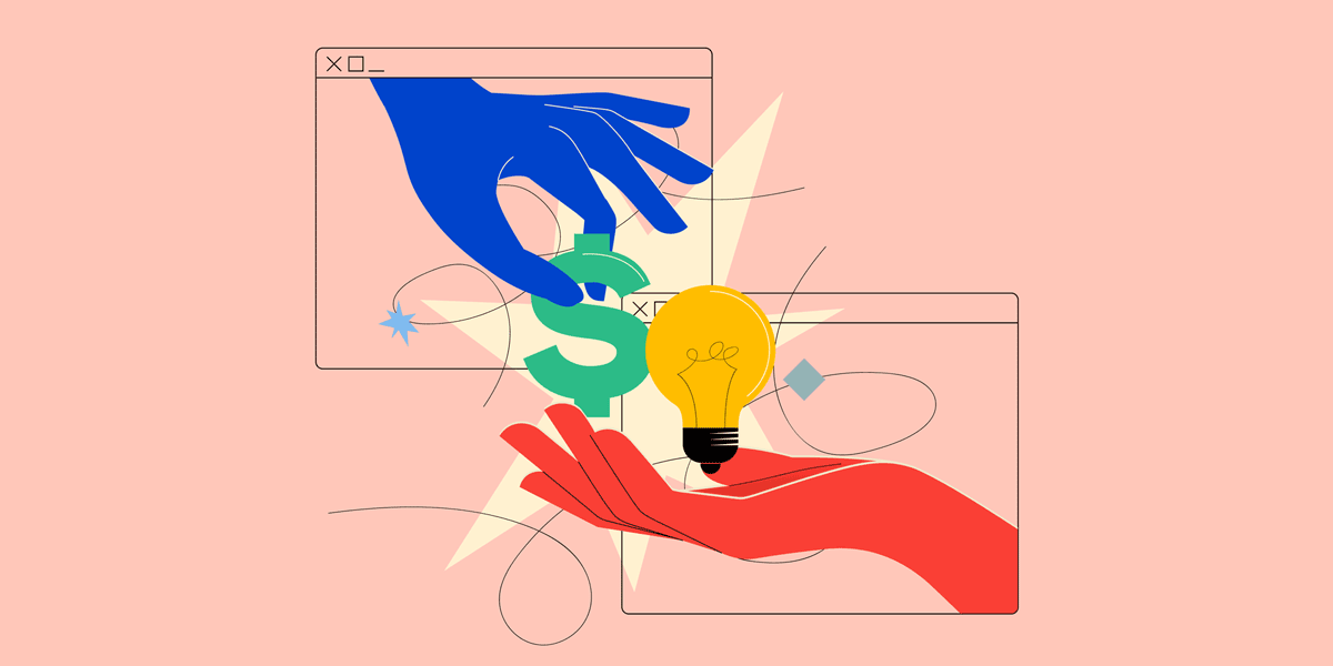 concept illustration of 2 hands reaching out from computer screens, one holding dollar sign and another lightbulb