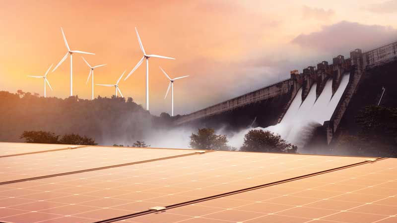 collage of wind turbines, solar panels and hydro dam