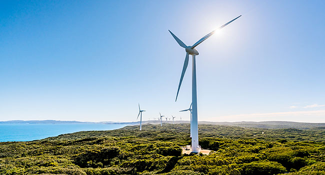 Wind turbines off the coast of Albany in Western Australia.