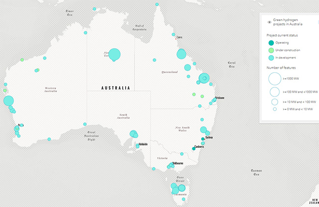 Map of green hydrogen projects in Australia